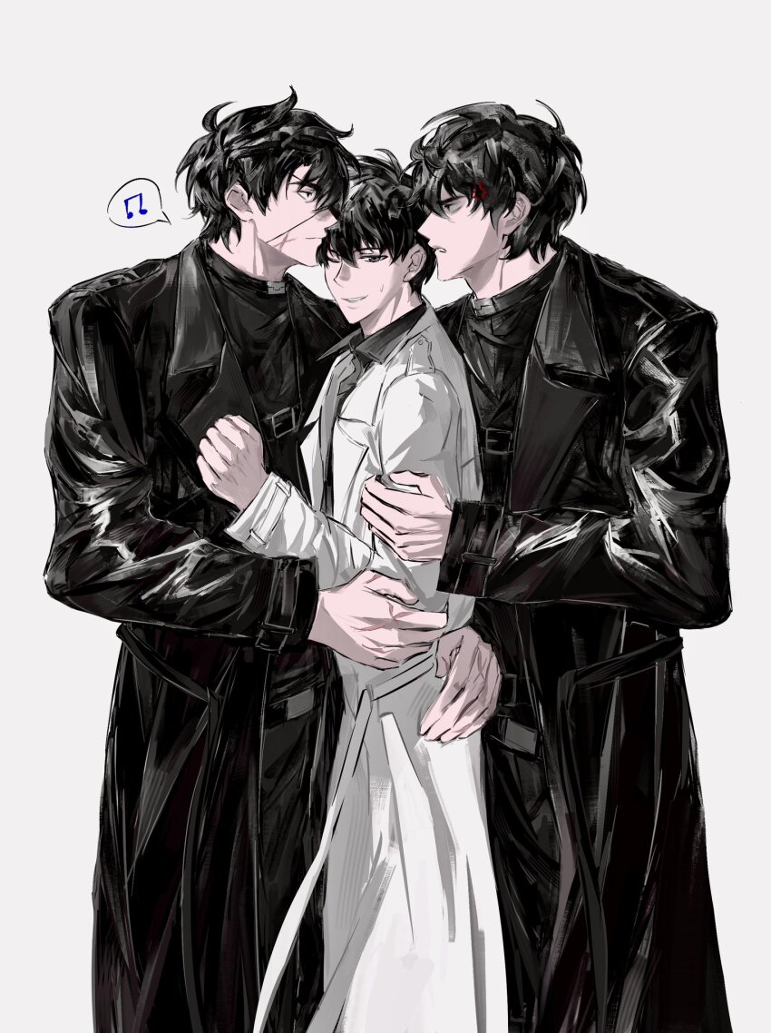 3boys, 8d2suga9, ;d, anger_vein, belt, black_coat, black_hair, black_shirt