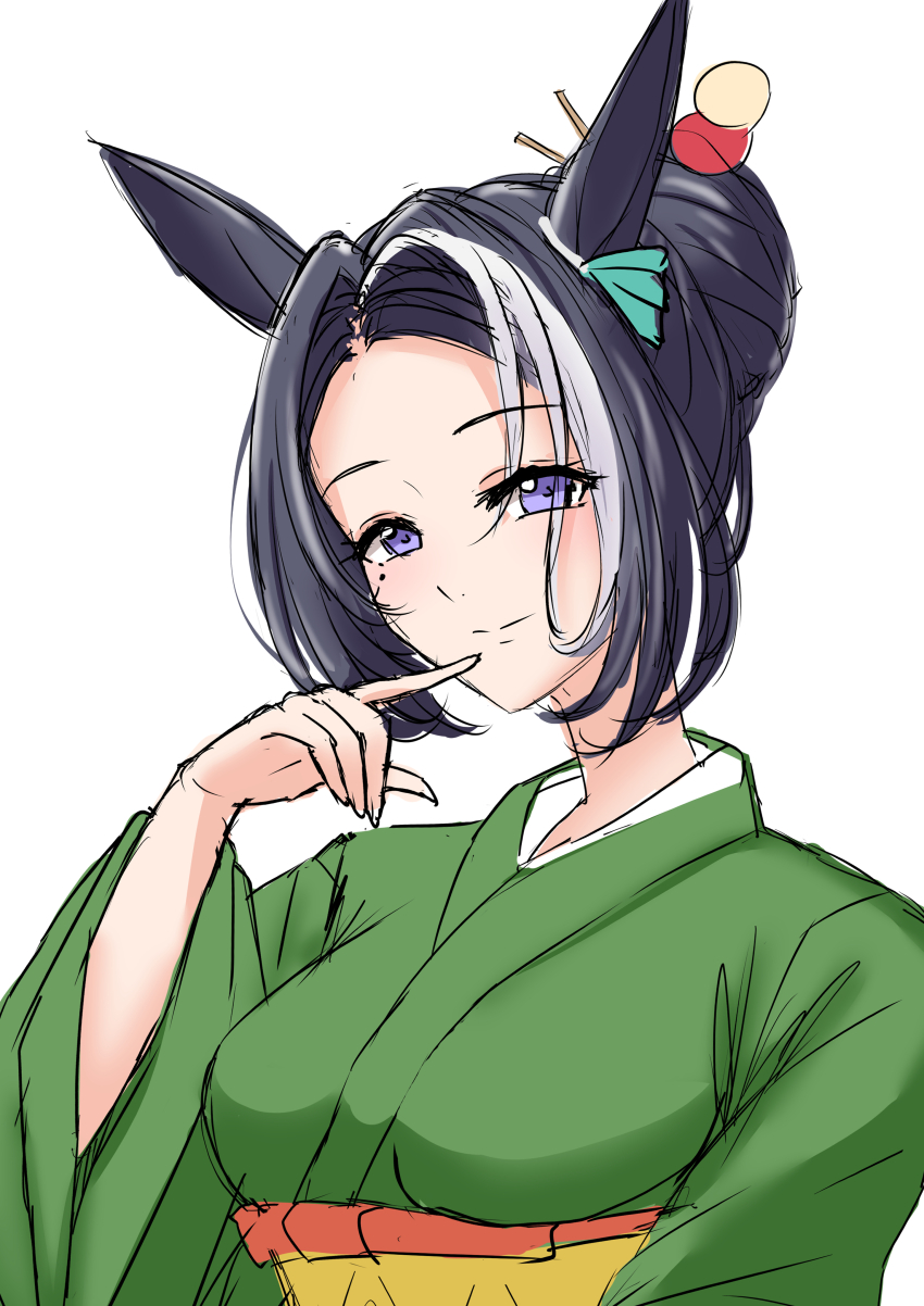 1girl, absurdres, animal_ears, black_hair, blush, breasts, checkered_clothes, checkered_kimono