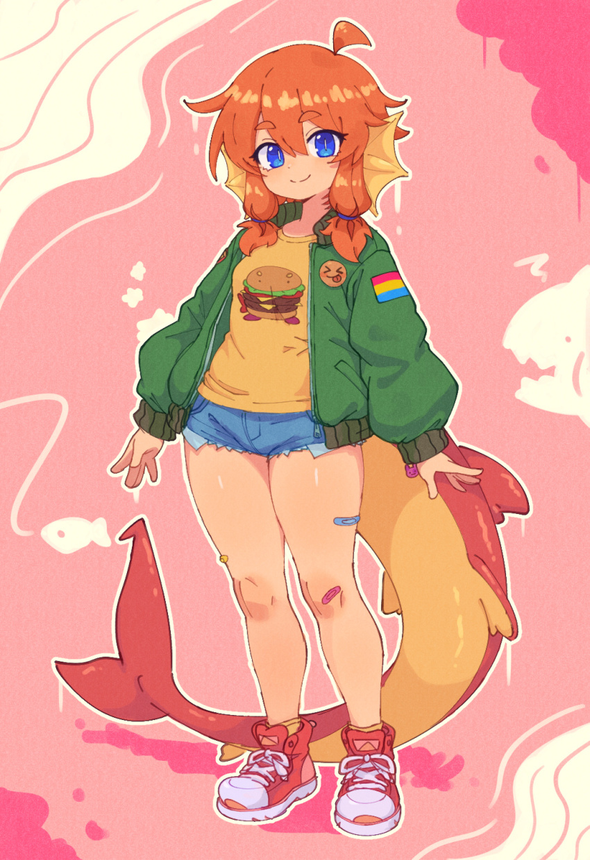 1girl, ahoge, bandaid, bandaid_on_knee, bandaid_on_leg, blue_eyes, burger_print, closed_mouth