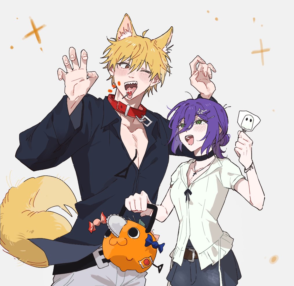 1boy, 1girl, animal_collar, animal_ears, black_shirt, blonde_hair, brown_eyes, bucket