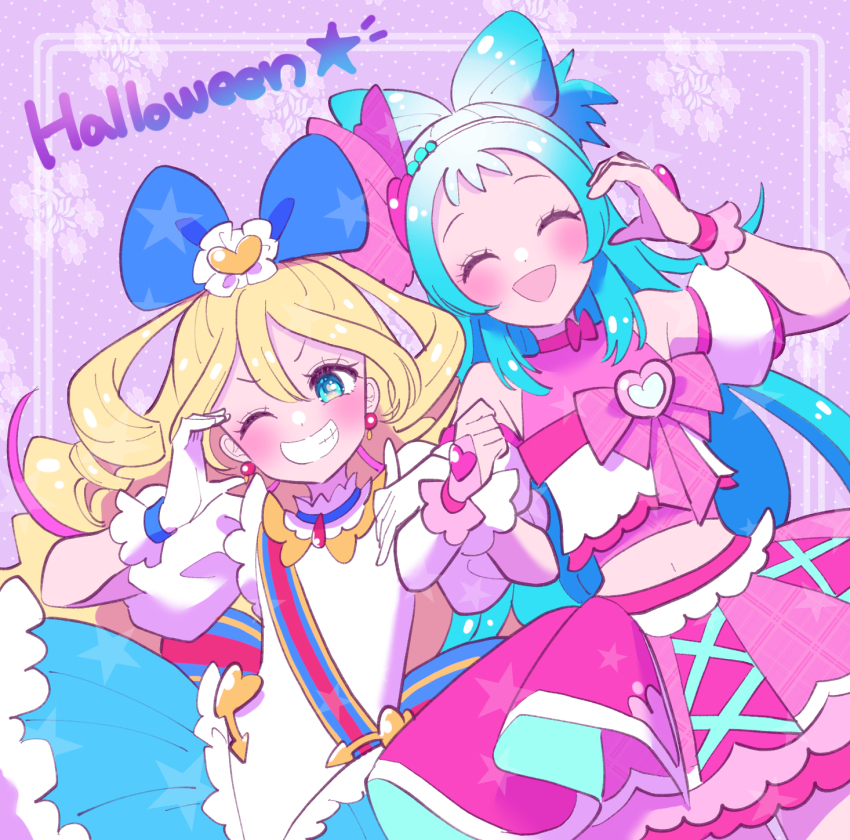 2girls, :d, blonde_hair, blue_bow, blue_eyes, blue_hair, bow, closed_eyes