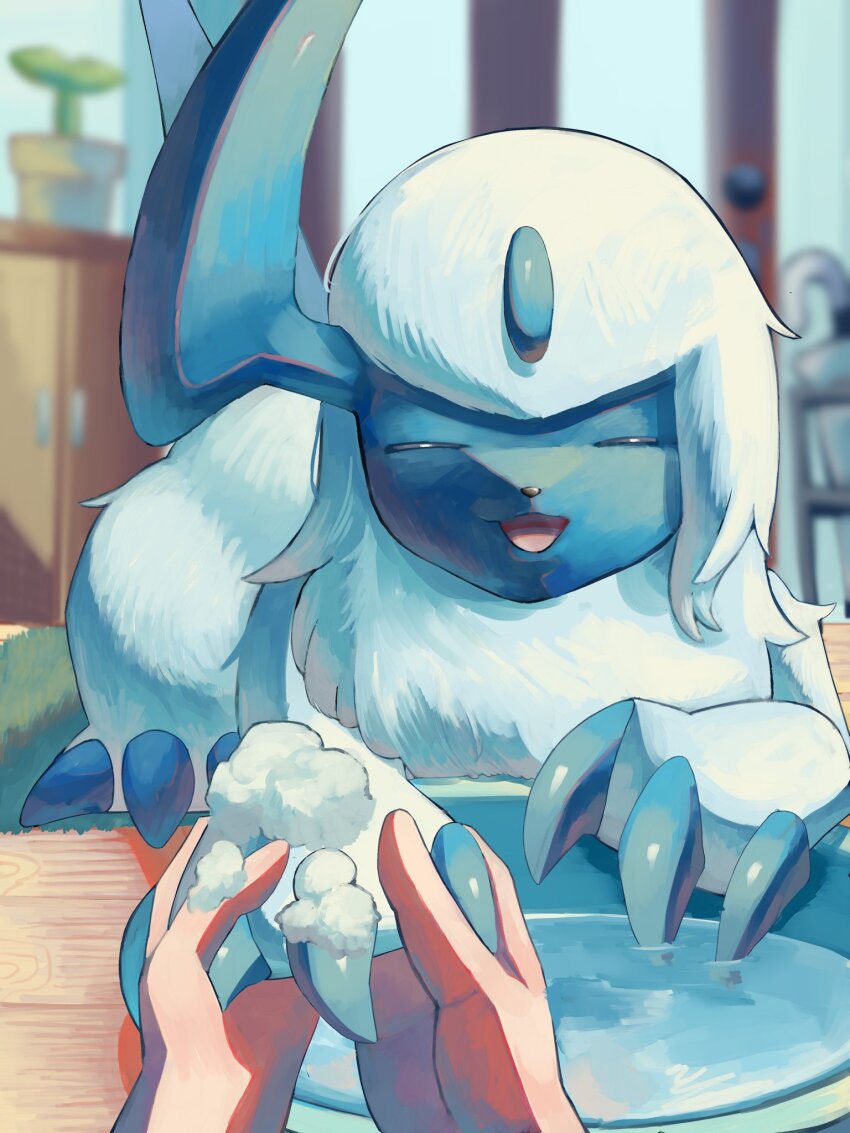 2others, absol, cabinet, claws, closed_eyes, door, gen_3_pokemon, highres, horns, multiple_others, nintendo, nose, open_mouth, p9kfxaofqi54546, plant, pokemon, pokemon_(creature), pokemon_focus, single_horn, smile, soap, solo_focus, table, washing_hands, water, white_fur, wooden_table