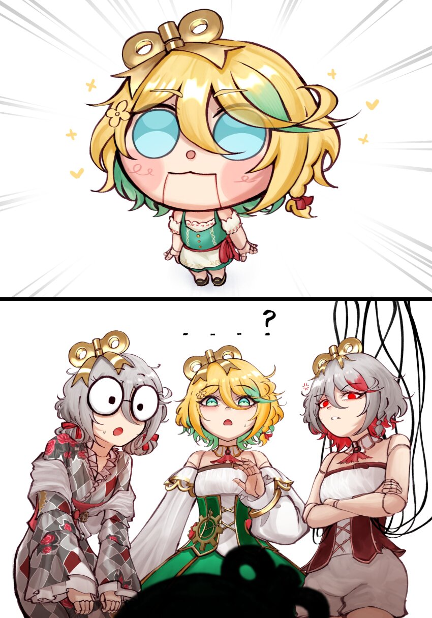 4girls, ?, absurdres, alternate_color, ascot, barmaid, blonde_hair, blue_eyes, cable, cecilia_immergold, cecilia_immergold_bot, cecilia_immergreen, cecilia_immergreen_(1st_costume), cecilia_immergreen_(new_year), colored_inner_hair, corset, crossed_arms, detached_collar, doll_joints, floral_print, floral_print_kimono, gradient_hair, green_corset, green_eyes, green_skirt, grey_hair, grey_kimono, hair_between_eyes, highres, hololive, hololive_english, japanese_clothes, joints, kimono, multicolored_hair, multiple_girls, print_kimono, red_ascot, red_corset, red_eyes, red_hair, romper, round_eyewear, skirt, virtual_youtuber, white_background, white_romper, winding_key, zookacchi