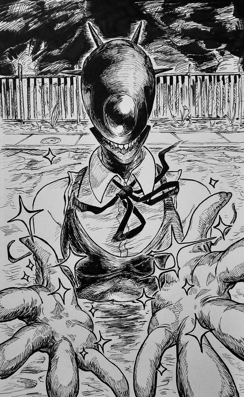 1girl, absurdres, apron, bomb_devil_(chainsaw_man), chainsaw_man, collared_shirt, commentary, english_commentary, fence, gloves, greyscale, highres, i'll_teach_you_everything_(chainsaw_man), monochrome, neck_ribbon, object_head, outdoors, partially_submerged, pool, ribbon, sharpski, shirt, sleeveless, sleeveless_shirt, solo, water