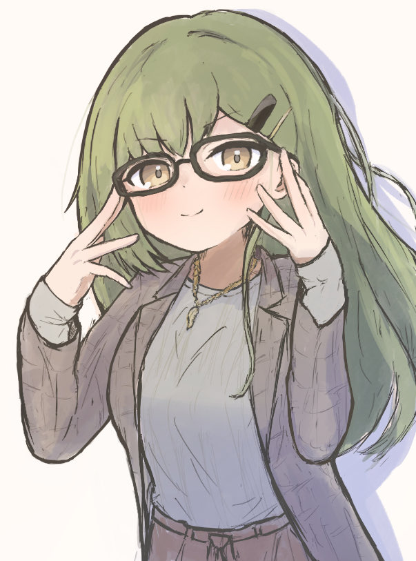>:), 1girl, adjusting_eyewear, bespectacled, black-framed_eyewear, blush, breasts, brown_eyes, closed_mouth, coat, commentary_request, glasses, green_hair, grey_coat, grey_sweater, hair_ornament, hairclip, jewelry, large_breasts, link!_like!_love_live!, long_hair, long_sleeves, looking_at_viewer, love_live!, necklace, official_alternate_costume, ogami_sachi, ogami_sachi_(post-graduation), open_clothes, open_coat, parallel_hairclips, plaid_clothes, plaid_coat, simple_background, smile, solo, split_mouth, sweater, tokusa_(sachi_biglove), upper_body, v-shaped_eyebrows, white_background