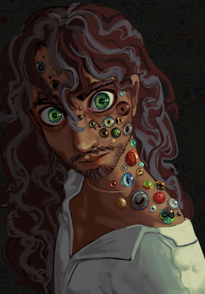 1boy, aqua_eyes, beard, blue_eyes, body_horror, brown_eyes, brown_hair, cephalopod_eyes