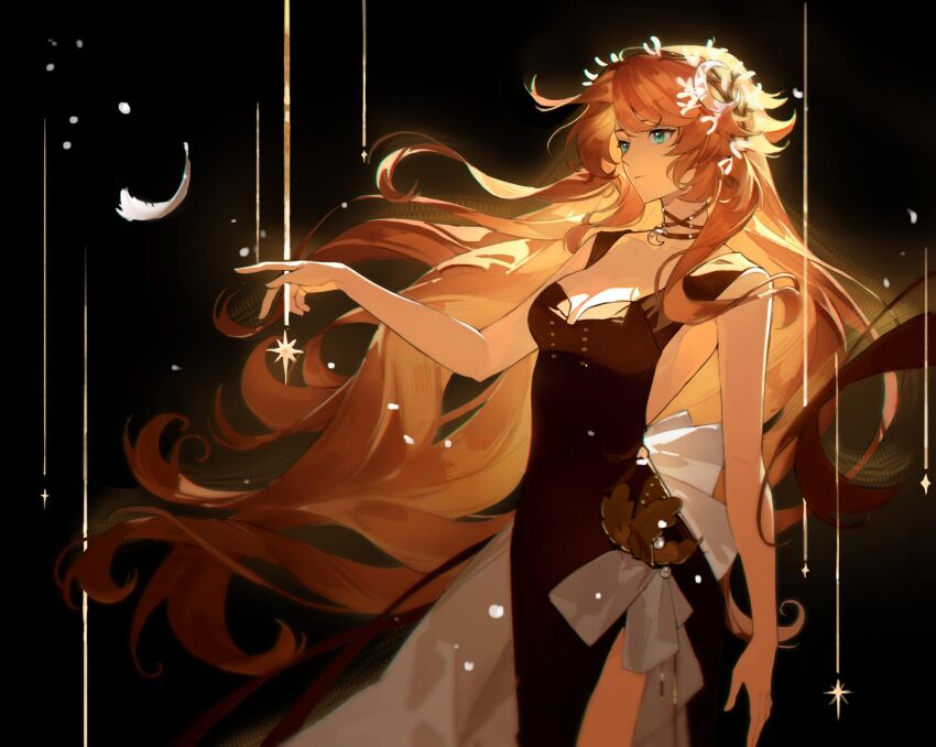 1girl, backlighting, bare_arms, black_background, black_dress, bloom, breasts, cleavage, closed_mouth, cowboy_shot, crescent, crescent_hair_ornament, dress, druvis_iii, falling_feathers, feathers, floating_hair, from_side, green_eyes, hair_ornament, hand_up, highres, jiaxin_qiqiu_bao_dan, leaf_hair_ornament, long_hair, looking_ahead, medium_breasts, orange_hair, reverse:1999, side_slit, sleeveless, sleeveless_dress, solo, sparkle, very_long_hair, white_feathers