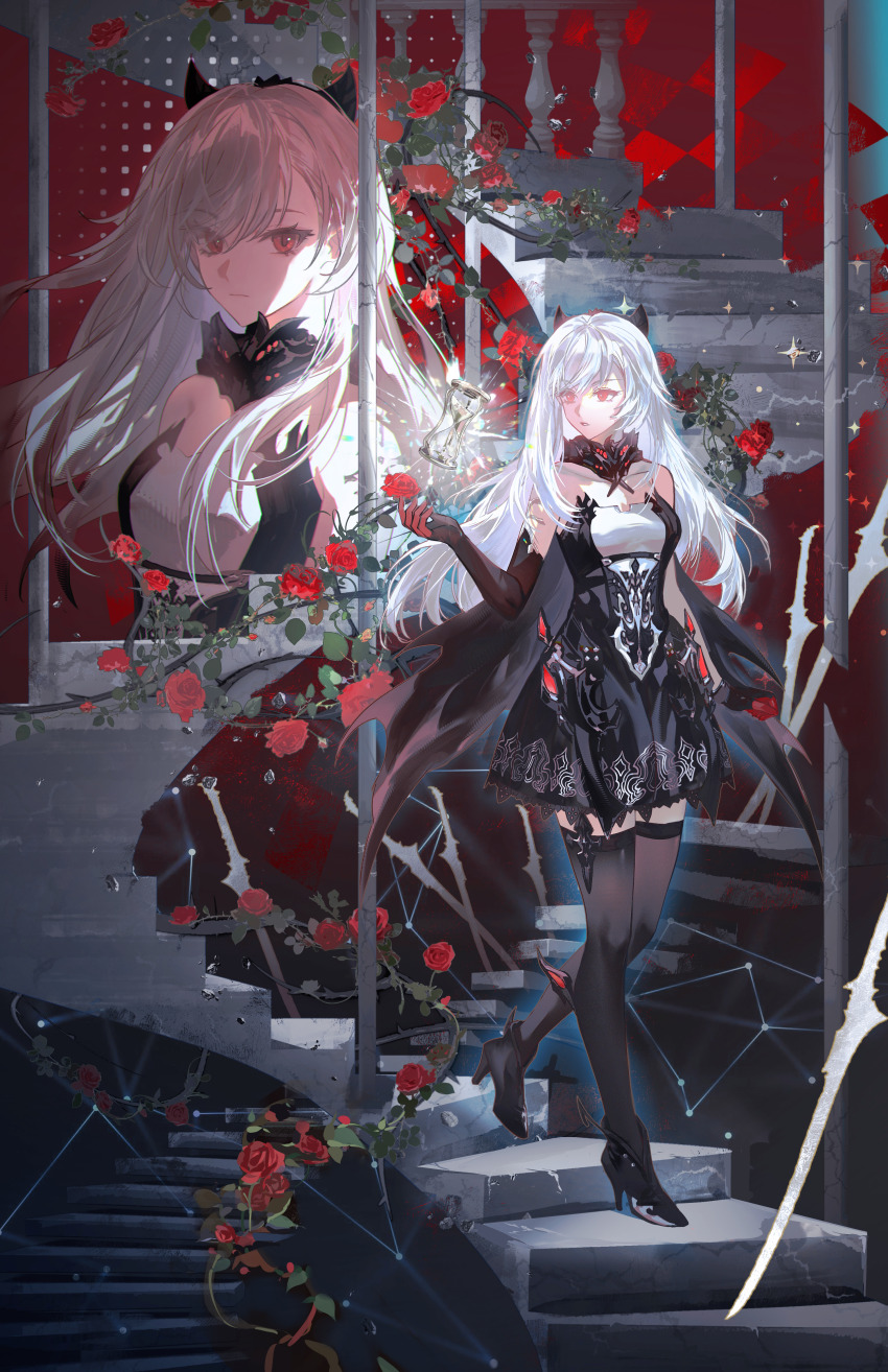 1girl, absurdres, asymmetrical_gloves, berenica_(duet_night_abyss), black_dress, black_gloves, black_horns, black_shoes