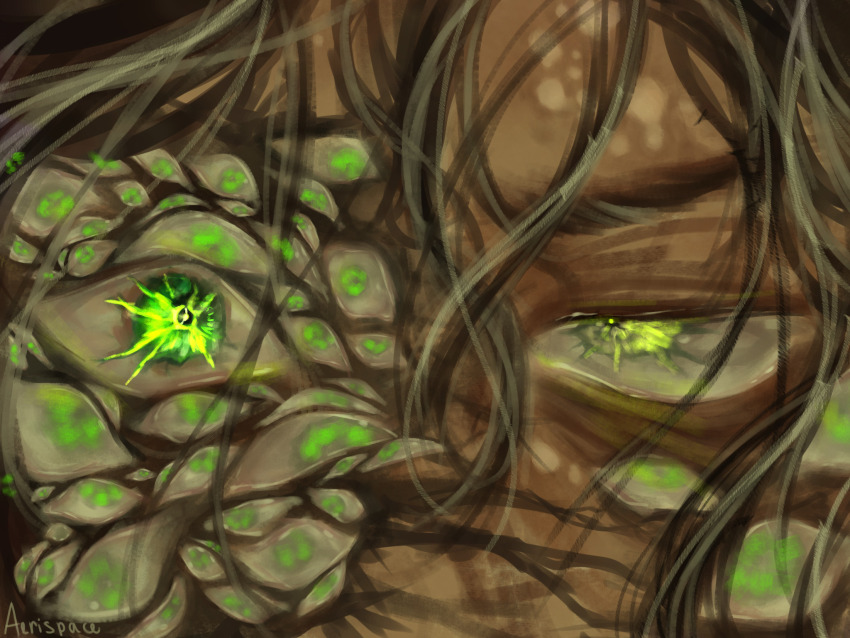 1boy, body_horror, dark-skinned_male, dark_skin, design_speculation, eye_focus, glowing, glowing_eyes