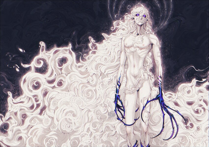 1boy, @_@, absurdly_long_hair, absurdres, blackberreh-art, claws, colored_skin, crow's_feet, curly_hair, design_speculation, gender_transitioning, highres, long_fingers, long_hair, male_focus, male_pubic_hair, mastectomy_scar, michael_shelley, monster_boy, navel, navel_hair, nipples, nude, pectorals, pubic_hair, purple_eyes, ribs, scar, scar_on_chest, skinny, solo, the_magnus_archives, very_long_hair, white_hair, white_skin