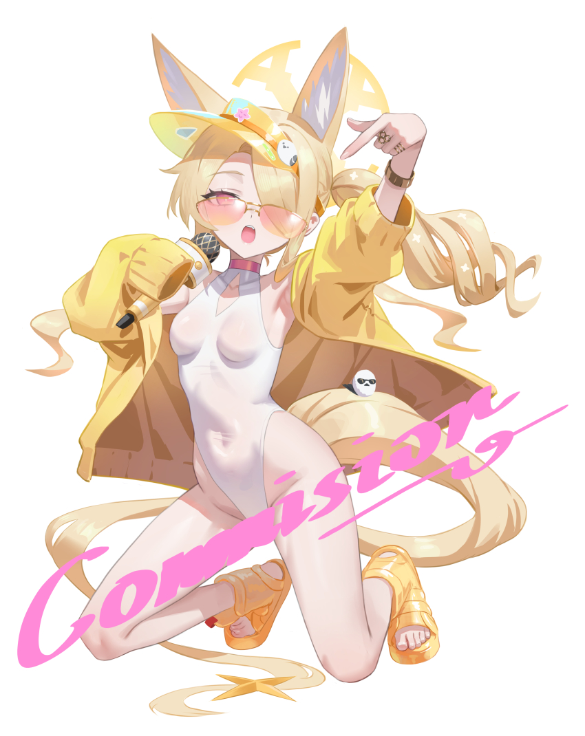 1girl, absurdly_long_tail, absurdres, animal_ear_fluff, animal_ears, arm_up, armpits, bird, bird_on_tail, blonde_hair, blue_archive, bracelet, breasts, clothing_cutout, collarbone, commission, covered_navel, cross_halo, diamond_cutout, extra_ears, feet, fingernails, fox_ears, fox_girl, fox_tail, full_body, hair_over_one_eye, hair_over_shoulder, half-closed_eyes, halo, hand_up, highleg, highleg_one-piece_swimsuit, highres, holding, holding_microphone, index_finger_raised, jacket, jewelry, kneeling, loli, long_hair, long_sleeves, looking_at_viewer, microphone, off_shoulder, official_alternate_costume, official_alternate_hairstyle, one-piece_swimsuit, one_eye_covered, open_mouth, orange-tinted_eyewear, orange_eyes, pointing, pointing_down, ring, sandals, seia_(blue_archive), seia_(swimsuit)_(blue_archive), shortofsugar, side_ponytail, sidelocks, simple_background, sleeves_past_fingers, sleeves_past_wrists, small_breasts, solo, star_ornament, sunglasses, swimsuit, tail, tail_ornament, teeth, thighs, tinted_eyewear, tit_(bird), toenails, toes, upper_teeth_only, very_long_hair, visor_cap, white_background, white_one-piece_swimsuit, yellow_halo, yellow_jacket, yellow_sandals, yellow_visor