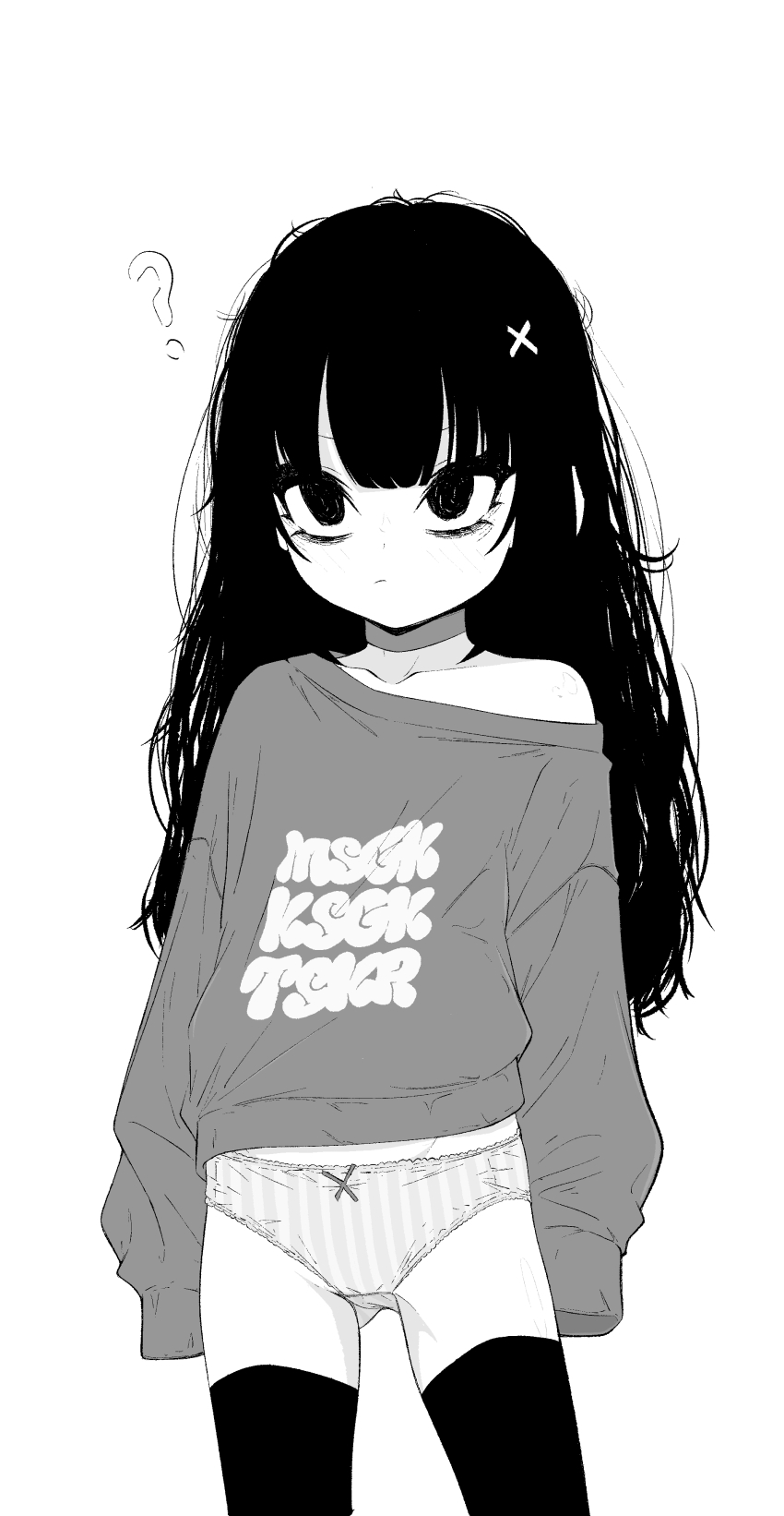 1girl, ?, absurdres, arms_at_sides, bow, bow_panties, center-flap_bangs, closed_mouth