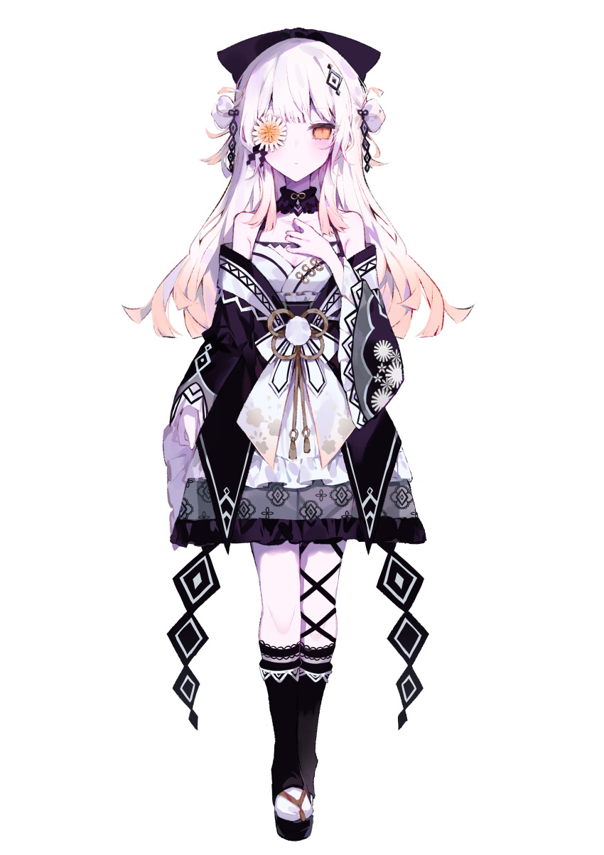 1girl, absurdres, black_bow, black_socks, bow, breasts, cleavage, closed_mouth, commentary_request, detached_collar, detached_sleeves, double_bun, dress, floral_print, flower, flower_ornament, flower_over_eye, frilled_dress, frills, full_body, hair_bow, hair_bun, hand_on_own_chest, highres, japanese_clothes, kneehighs, long_hair, long_sleeves, looking_at_viewer, magical_girl, mahou_shoujo_no_inshuu_mura, multicolored_hair, official_art, orange_eyes, patterned_clothing, ribbon, second-party_source, simple_background, socks, solo, standing, umemaro_(siona0908), watanuki_sakuya_(manomura), white_dress, white_flower, white_hair, white_ribbon, wide_sleeves