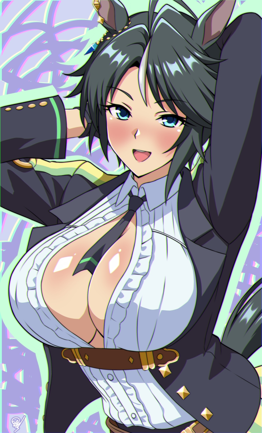 1girl, :d, absurdres, ahoge, animal_ears, arms_up, belt, black_hair, black_jacket, black_necktie, black_pants, blue_eyes, blush, breasts, brown_belt, center_frills, cleavage, collared_shirt, commentary, cowboy_shot, ear_ornament, ear_piercing, english_commentary, frilled_shirt, frills, fuji_kiseki_(shooting_star_revue)_(umamusume), fuji_kiseki_(umamusume), gloves, hair_between_eyes, highres, horse_ears, horse_girl, horse_tail, jacket, large_breasts, long_sleeves, looking_at_viewer, mgrenjoyer, multicolored_hair, necktie, open_clothes, open_jacket, open_mouth, pants, partially_unbuttoned, piercing, shirt, short_hair, sidelocks, signature, smile, solo, standing, tail, umamusume, underbust, white_hair, white_shirt