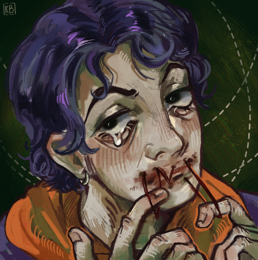 1boy, bags_under_eyes, black_eyes, blood, blood_on_mouth, eyelashes, fingernails, furrowed_brow