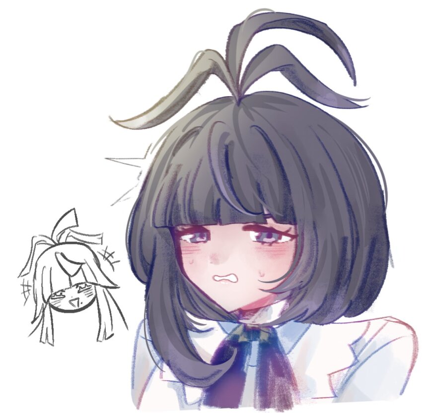 1boy, 1girl, antenna_hair, black_eyes, black_hair, blunt_bangs, blush, brother_and_sister