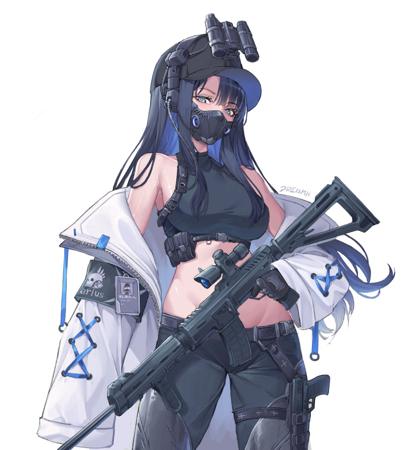 1girl, armband, assault_rifle, bare_shoulders, baseball_cap, belt, belt_pouch, black_armband