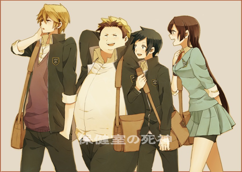 1girl, 3boys, ashitaba_iku, bag, bike_shorts, black_eyes, black_hair, brown_eyes, brown_hair, fat, fat_man, fuji_rokusuke, highres, hokenshitsu_no_shinigami, kaburagi_maya, kina58, long_hair, long_sleeves, mimasaka_rentarou, multicolored_hair, multiple_boys, open_mouth, pants, pleated_skirt, profile, ribbon, school_uniform, short_hair, skirt, sleeves_rolled_up, two-tone_hair, vest