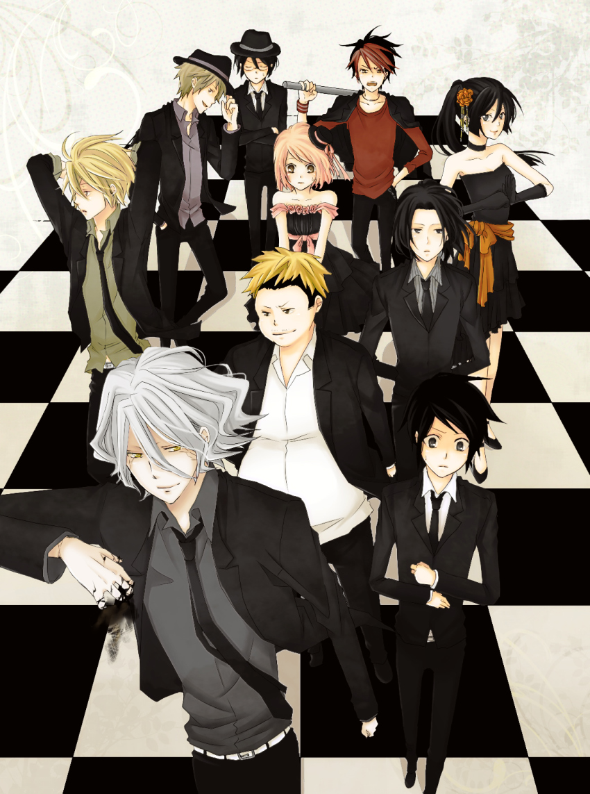 2girls, 6+boys, ashitaba_iku, black_hair, blonde_hair, formal_clothes, fuji_rokusuke, glasses