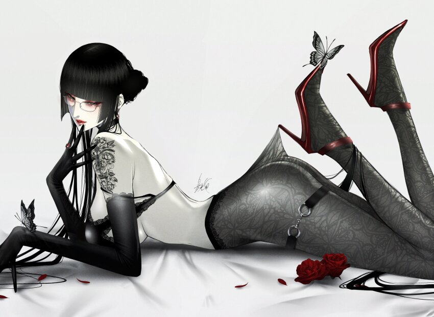 1girl, absurdres, arched_back, arm_tattoo, ass, black_bra, black_choker, black_gloves