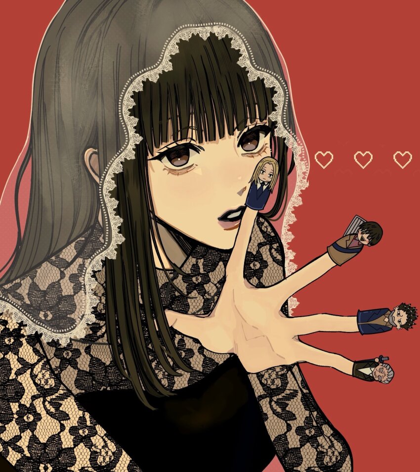 1girl, black_dress, black_eyes, black_hair, black_lips, commentary_request, dress, finger_puppet