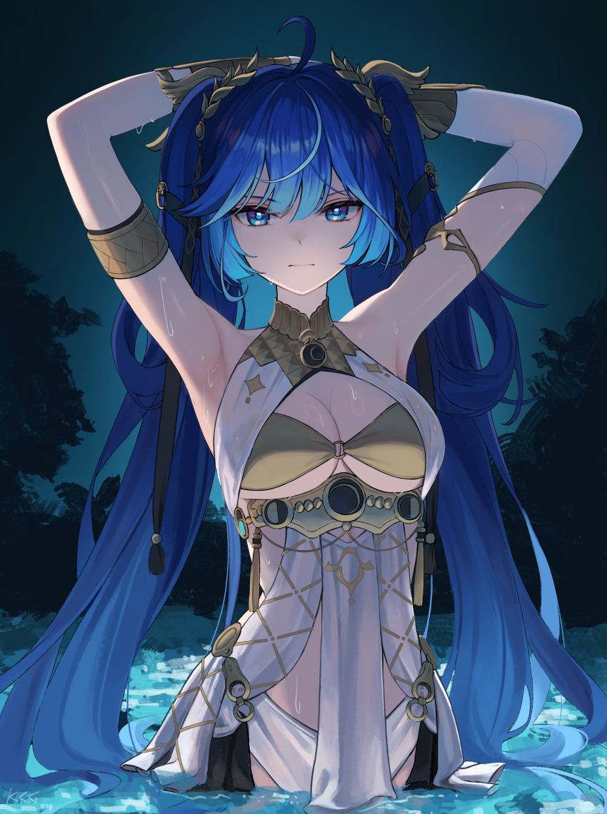 1girl, absurdres, ahoge, ancient_greek_clothes, armlet, arms_up, bare_shoulders, blue_eyes