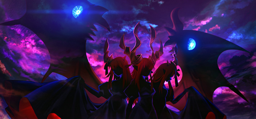 3girls, asymmetrical_horns, black_dress, cloud, cloudy_sky, dragon_girl, dragon_horns, dress