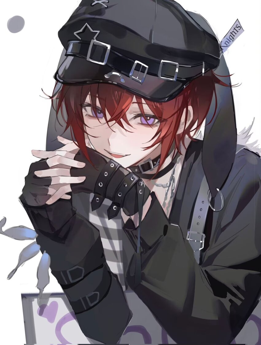 1boy, :d, backpack, bag, black_gloves, black_hat, buckle, chain