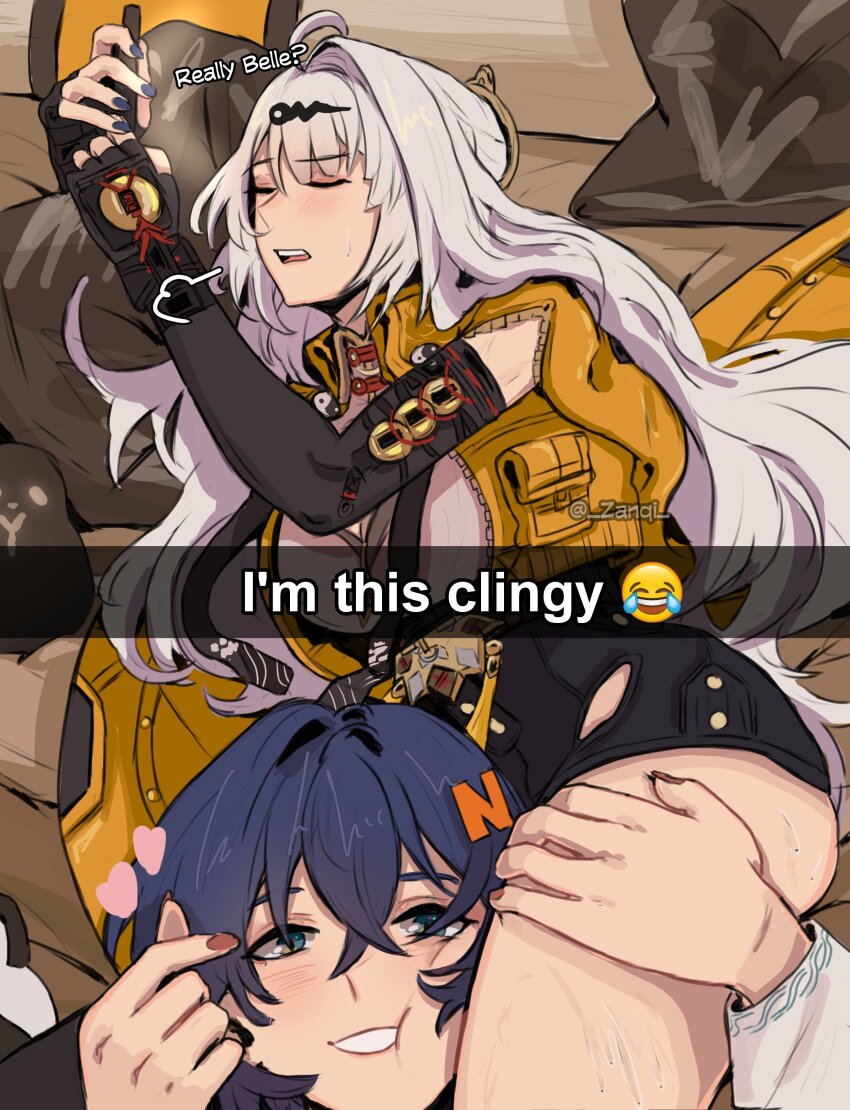 2girls, absurdres, asymmetrical_gloves, bed, belle_(delicate_sunlight)_(zenless_zone_zero), belle_(zenless_zone_zero), between_thighs, black_unitard, blue_hair, blue_nails, blush, breasts, cellphone, cleavage, closed_eyes, coin, coin_on_string, commentary, elbow_gloves, emoji, english_commentary, english_text, finger_heart, from_side, gloves, green_eyes, grin, hair_between_eyes, hair_ornament, hairpin, hand_on_another's_thigh, head_on_pillow, heart, high-waist_shorts, highres, holding, holding_phone, i'm_this_clingy_(meme), indoors, jacket, joy_emoji, large_breasts, letter_hair_ornament, long_hair, looking_at_phone, looking_at_viewer, lying, meme, multiple_girls, official_alternate_costume, on_bed, on_side, open_mouth, phone, pillow, red_nails, screen_light, short_hair, shorts, single_elbow_glove, single_hair_intake, single_thighhigh, smile, sweat, thigh_focus, thigh_grab, thighhighs, twitter_username, white_hair, yellow_jacket, yixuan_(zenless_zone_zero), yuri, zanqi, zenless_zone_zero