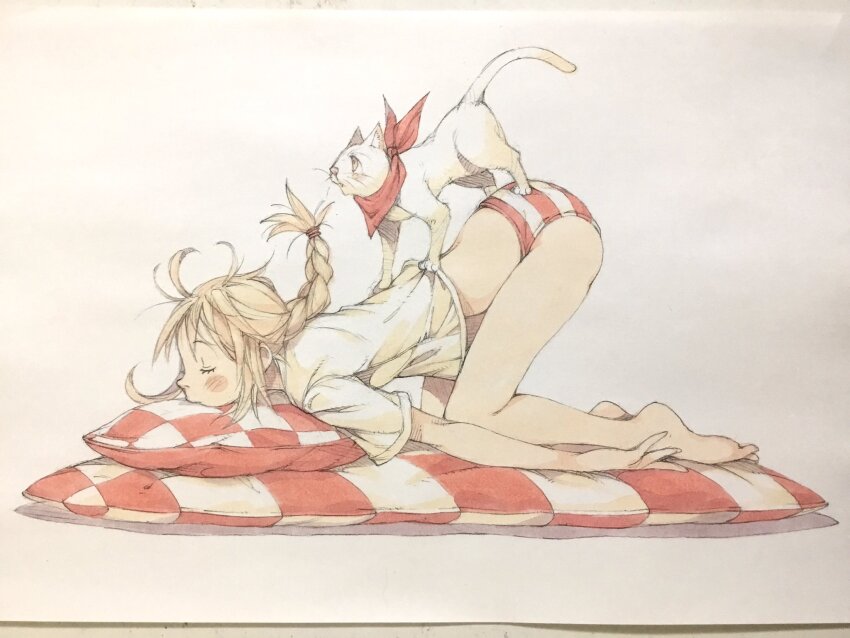 1girl, animal, animal_on_back, ass, bandana, bandana_around_neck, bare_legs, barefoot