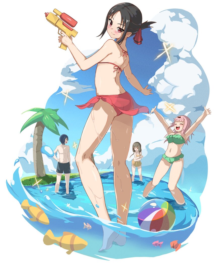 1boy, 3girls, alternate_costume, arms_up, ass, bikini, bikini_skirt, black_hair