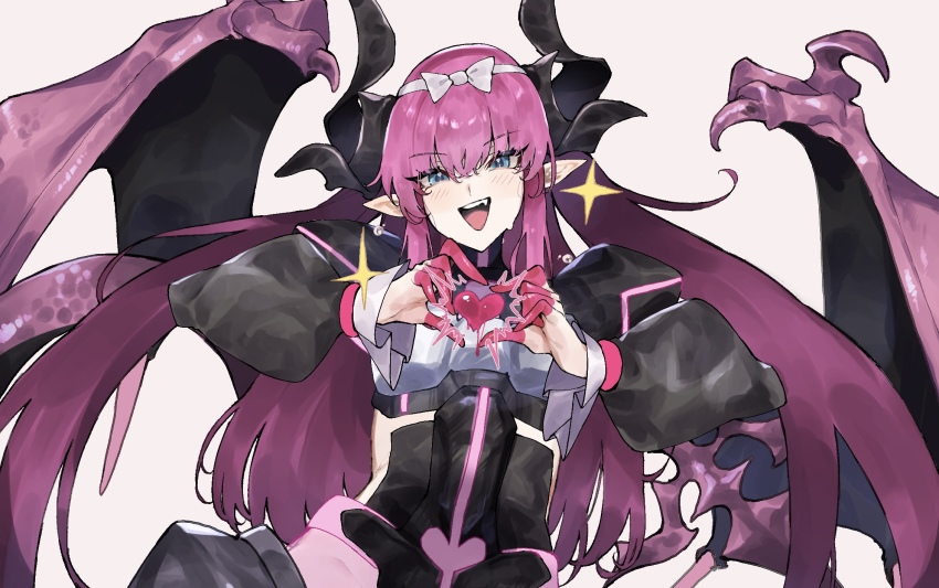 1girl, black_dress, blue_eyes, blush, bow, breasts, curled_horns, dragon_horns