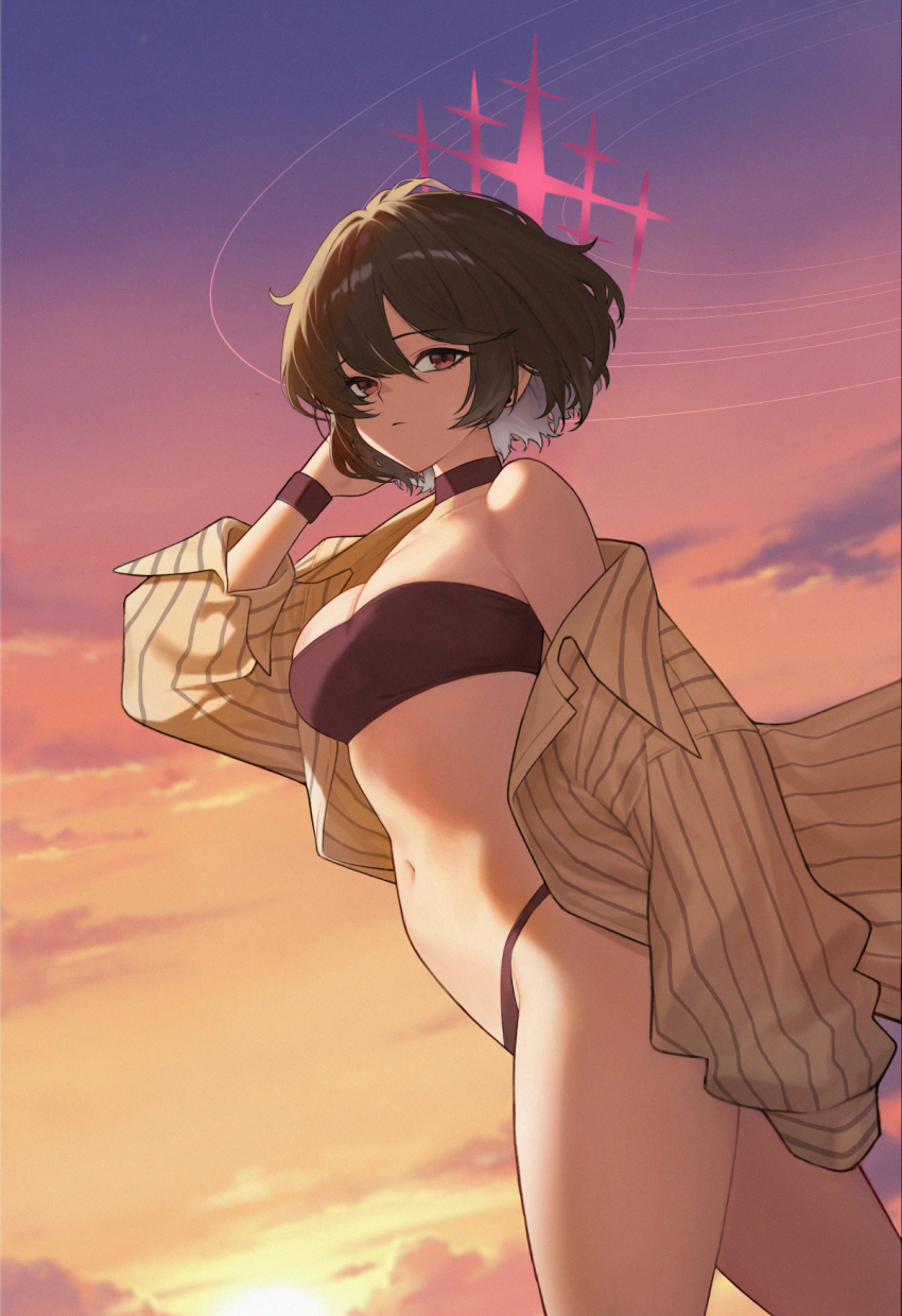 1girl, bikini, black_bikini, black_hair, blue_archive, brown_shirt, cloud, day