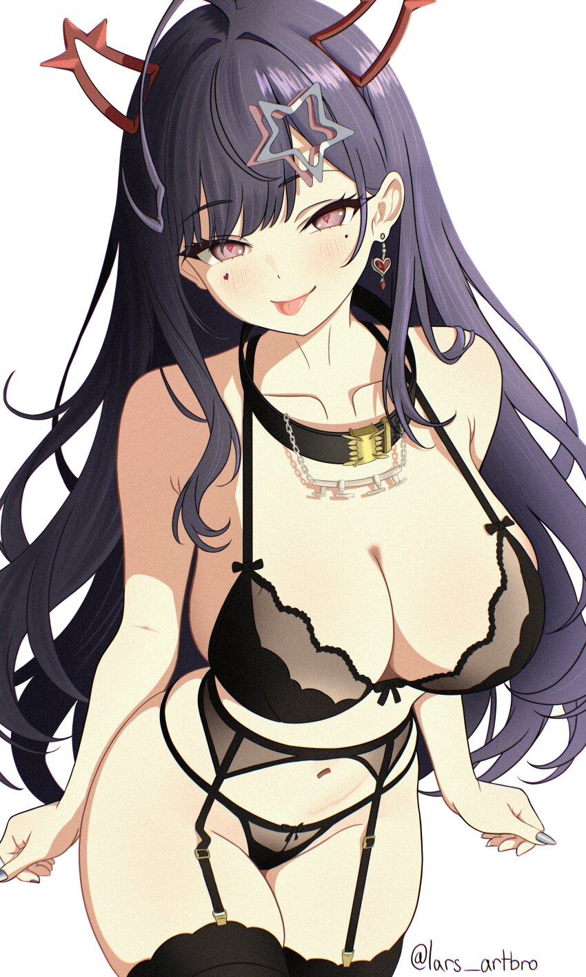 1girl, absurdres, akuma_nihmune, armpit_crease, black_bra, black_collar, black_garter_belt, black_panties