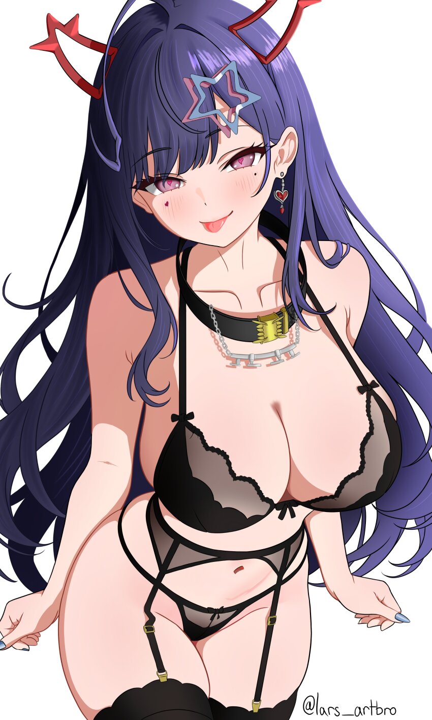 1girl, absurdres, akuma_nihmune, armpit_crease, black_bra, black_collar, black_garter_belt, black_panties, black_thighhighs, blue_nails, blush, bra, breasts, cleavage, collar, commentary, cowboy_shot, demon_horns, earrings, english_commentary, facial_mark, fake_horns, fingernails, garter_belt, hair_ornament, heart, heart_earrings, heart_facial_mark, highres, horns, indie_virtual_youtuber, jewelry, large_breasts, lars_artbro, lingerie, long_hair, looking_at_viewer, mole, mole_under_eye, nail_polish, navel, panties, parted_bangs, purple_eyes, purple_hair, simple_background, single_earring, smile, solo, star_(symbol), star_hair_ornament, thighhighs, thighs, tongue, tongue_out, underwear, virtual_youtuber, white_background