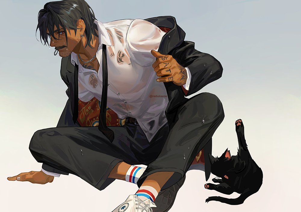 1boy, bara, beard_stubble, belt, black_cat, black_hair, black_necktie, black_pants, black_suit, brown_eyes, cat, chain, chain_necklace, chest_tattoo, collared_shirt, dark-skinned_male, dark_skin, earrings, facial_hair, formal_clothes, hand_tattoo, jacket, jewelry, male_focus, mature_male, multicolored_jacket, mustache, necklace, necktie, necktie_around_head, old, old_man, original, pants, redsakaone, see-through_clothes, shirt, shoes, simple_background, single_earring, sitting, socks, solo, stubble, suit, suit_jacket, tattoo, two-tone_jacket, undressing, wet, wet_clothes, wet_shirt, white_background, white_shirt, white_shoes, white_socks