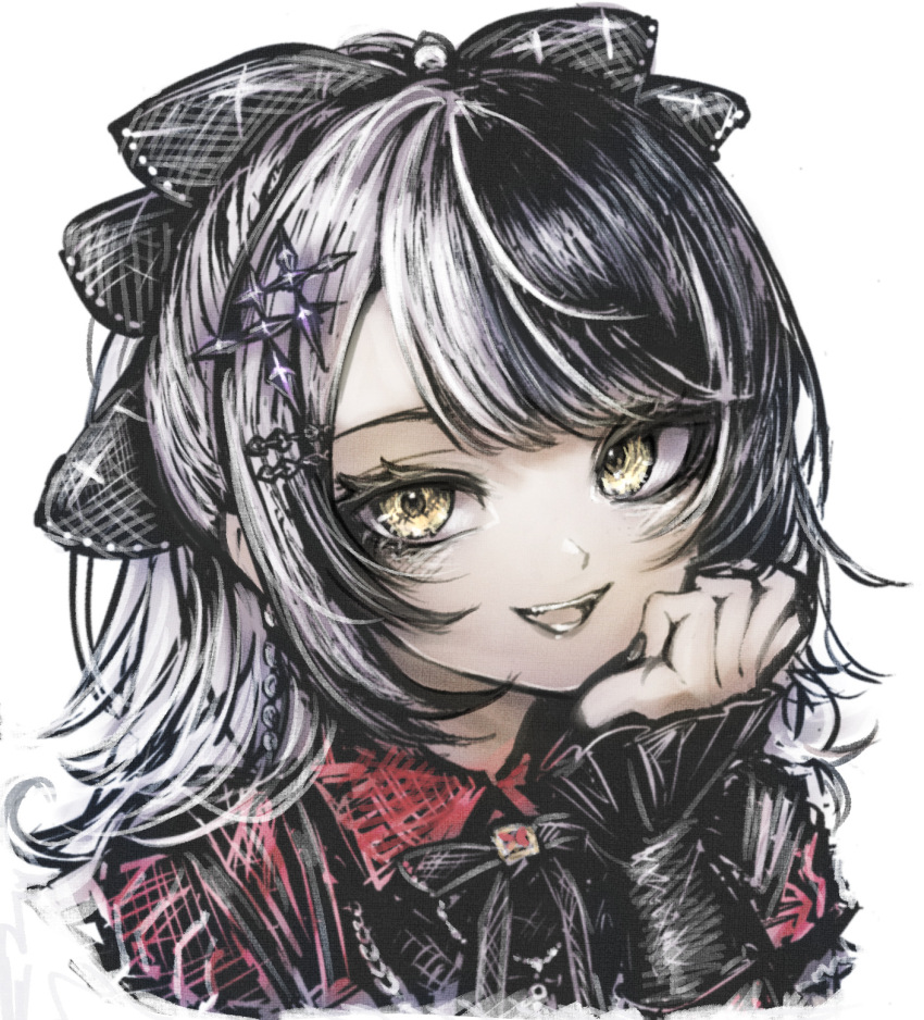 1girl, black_hair, black_nails, black_ribbon, dress, grey_hair, hair_ribbon, hand_on_own_chin