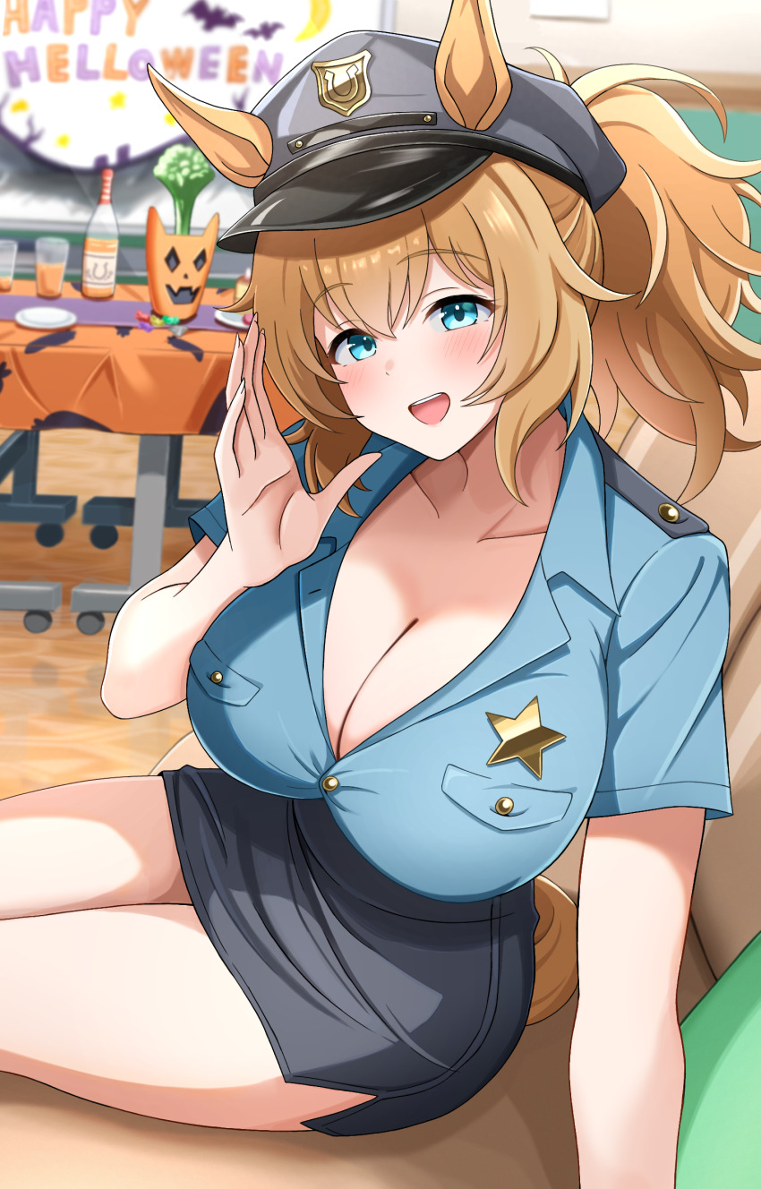 1girl, absurdres, alternate_costume, animal_ears, black_skirt, blue_eyes, blue_shirt, blush, breasts, brown_hair, cleavage, grey_hat, hair_between_eyes, halloween, hat, highres, horse_ears, horse_girl, horse_tail, large_breasts, long_hair, looking_at_viewer, miniskirt, open_mouth, peaked_cap, pencil_skirt, police, police_uniform, policewoman, ponytail, shirt, short_sleeves, sidelocks, skirt, solo, taiki_shuttle_(umamusume), tail, teeth, umamusume, upper_teeth_only, y_k_(user_maxh5525)