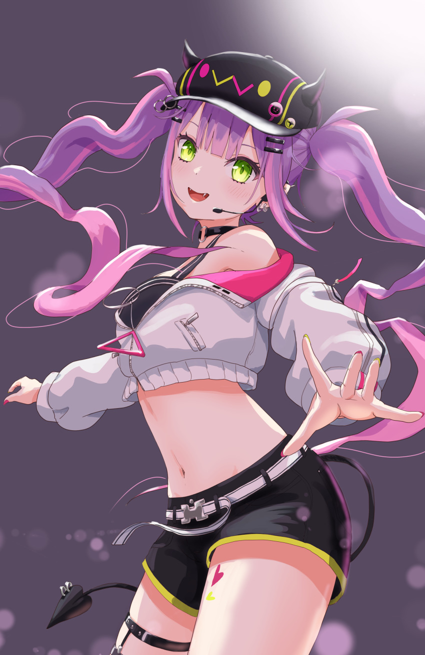 1girl, absurdres, barbell_piercing, baseball_cap, black_hat, black_shorts, blush, breasts