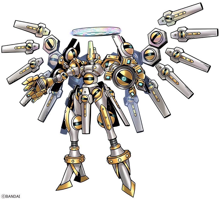 armor, detached_wings, digimon, digimon_(creature), digimon_liberator, extra_eyes, full_body, halo, humanoid_robot, mecha, mechanical_wings, metatromon, official_art, robot, simple_background, solo, white_armor, white_background, wings