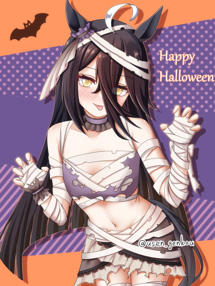 1girl, animal_ears, bandages, black_hair, claw_pose, hair_between_eyes, highres, horse_ears, horse_girl, long_hair, looking_at_viewer, manhattan_cafe_(umamusume), naked_bandage, solo, tongue, tongue_out, umamusume, yellow_eyes, yuusen_(aenka)