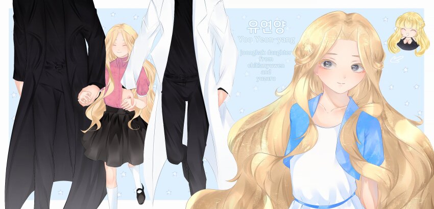 black_coat, black_shirt, black_skirt, blonde_hair, blue_jacket, character_name, chibi, chibi_inset
