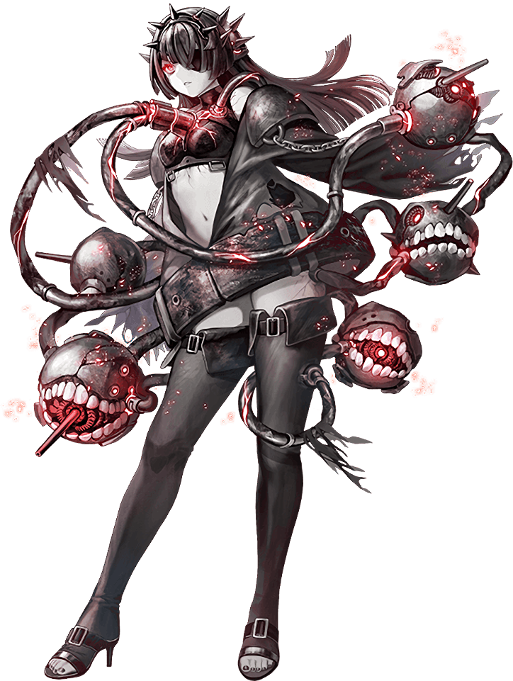 1girl, abyssal_ship, artist_request, black_hair, black_shoes, black_thighhighs, cannon, chain