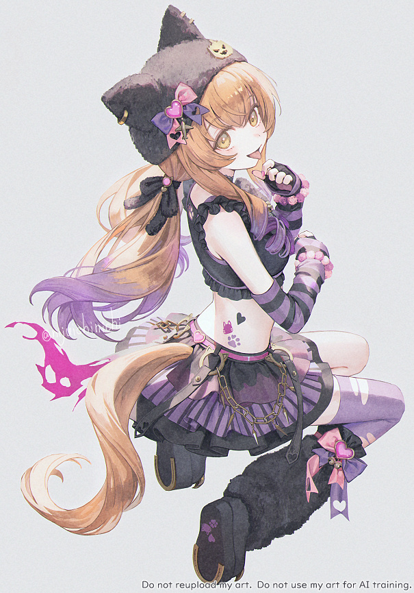 1girl, 21_(nijuichinichi), :p, animal_ear_headwear, animal_ear_piercing, animal_ears, animal_hat, arm_warmers