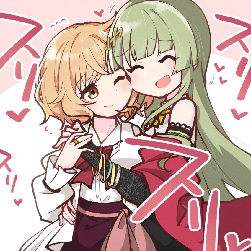 2girls, :d, ;), ^_^, arm_around_another's_waist, assault_lily, bare_shoulders, black_skirt