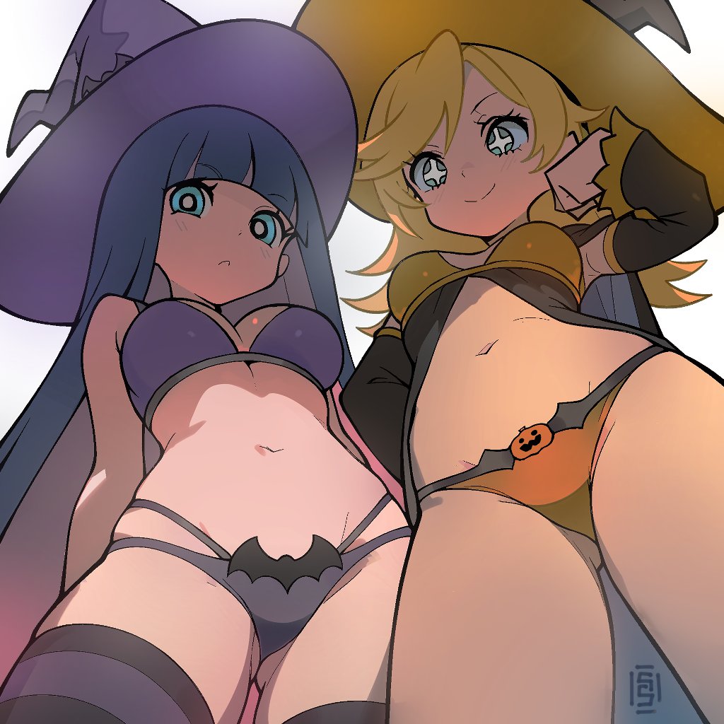 2girls, arm_up, armpits, bat_wings, bikini, blonde_hair, blue_eyes, blue_hair, blunt_bangs, breasts, cleavage, from_below, gluteal_fold, halloween, hat, looking_down, medium_breasts, multiple_girls, navel, panty_&amp;_stocking_with_garterbelt, panty_(psg), patterned_eyes, pumpkin, purple_bikini, simple_background, smile, stocking_(psg), sumishimi, swept_bangs, swimsuit, thighhighs, upper_body, white_background, wings, witch_hat