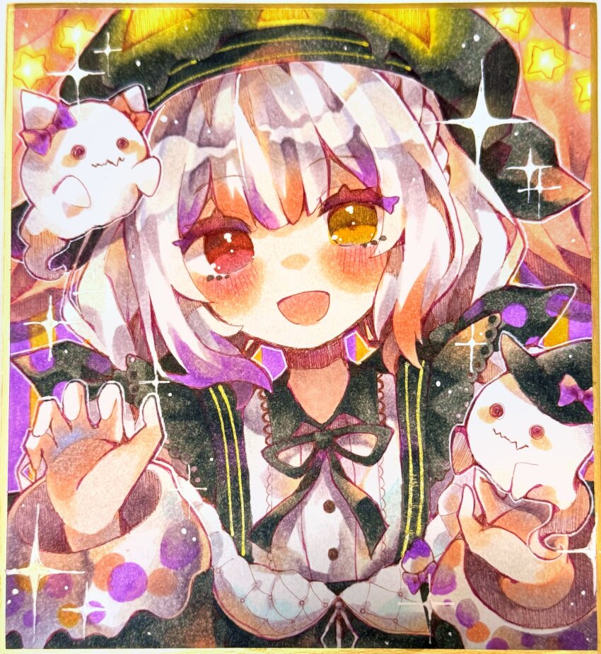 1girl, :d, beret, black_ribbon, collared_shirt, commentary_request, ghost, hands_up, hat, heterochromia, highres, jogasaki_noah, long_hair, long_sleeves, looking_at_viewer, mahou_shoujo_no_majo_saiban, multicolored_hair, neck_ribbon, open_mouth, otomebakudan, red_eyes, ribbon, shirt, smile, solo, sparkle, streaked_hair, traditional_media, upper_body, white_hair, white_shirt, witch_hat, yellow_eyes