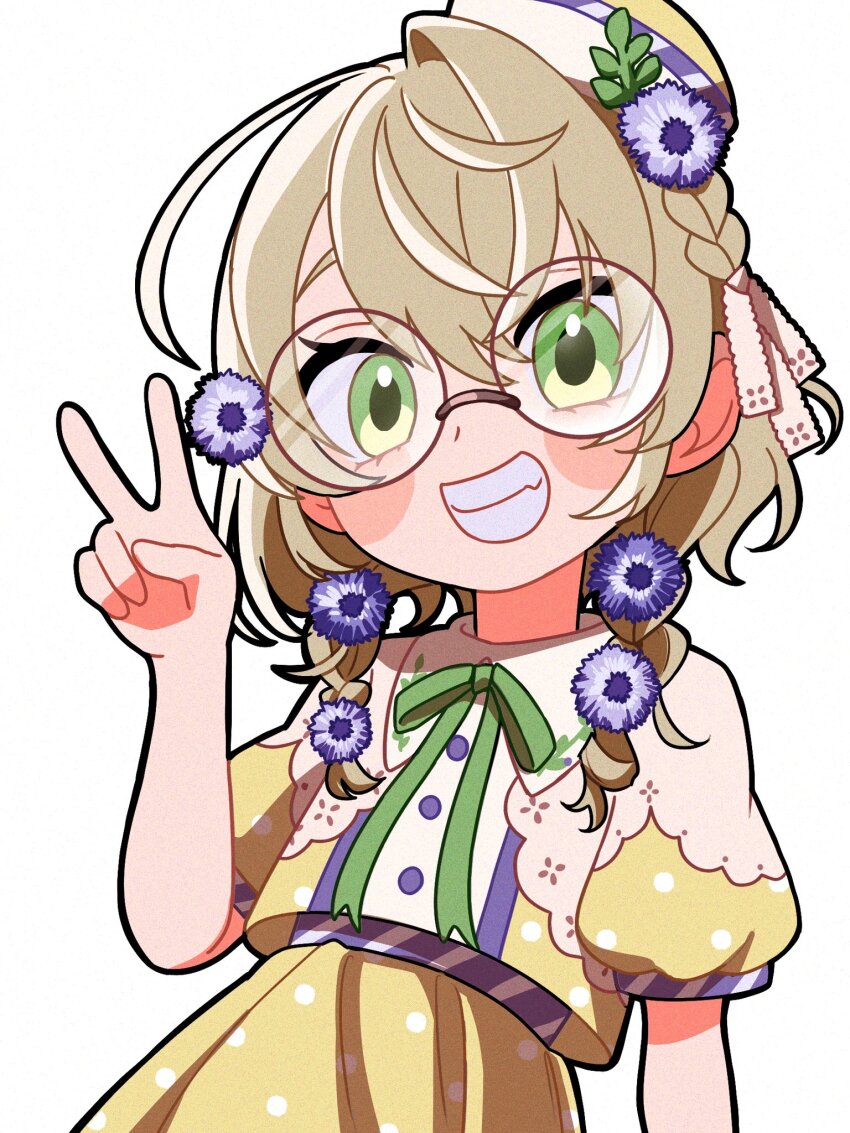 1girl, 4sm1050, blush_stickers, braid, brown_hair, collared_shirt, fang, flower, glasses, green_eyes, green_ribbon, grey-framed_eyewear, grin, hair_flower, hair_ornament, hair_over_shoulder, half_crown_braid, hat, highres, long_hair, looking_at_viewer, low_twin_braids, mini_hat, neck_ribbon, nijisanji, polka_dot, polka_dot_shirt, polka_dot_skirt, puffy_short_sleeves, puffy_sleeves, purple_flower, ribbon, round_eyewear, shirt, short_sleeves, simple_background, single_hair_intake, skirt, smile, solo, standing, tilted_headwear, twin_braids, upper_body, v, virtual_youtuber, white_background, white_ribbon, yaguruma_rine, yaguruma_rine_(1st_costume), yellow_shirt, yellow_skirt