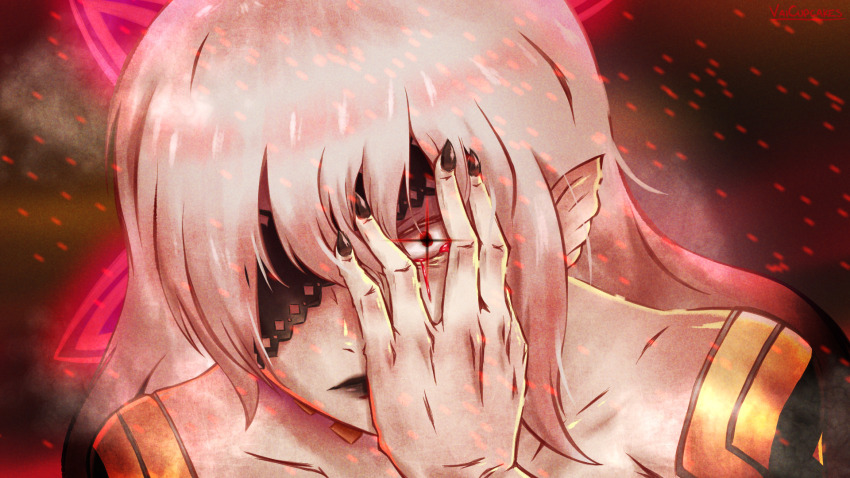 animal_ears, artist_name, bat_ears, black_bodysuit, black_lips, black_nails, bodysuit, collarbone, commentary, embers, embla_(fire_emblem), english_commentary, fire_emblem, fire_emblem_heroes, glowing, glowing_eye, gold_trim, halo, hand_on_own_face, highres, lace-trimmed_eyepatch, long_hair, nintendo, pointy_ears, red_eyes, red_halo, vaicupcakes, white_hair