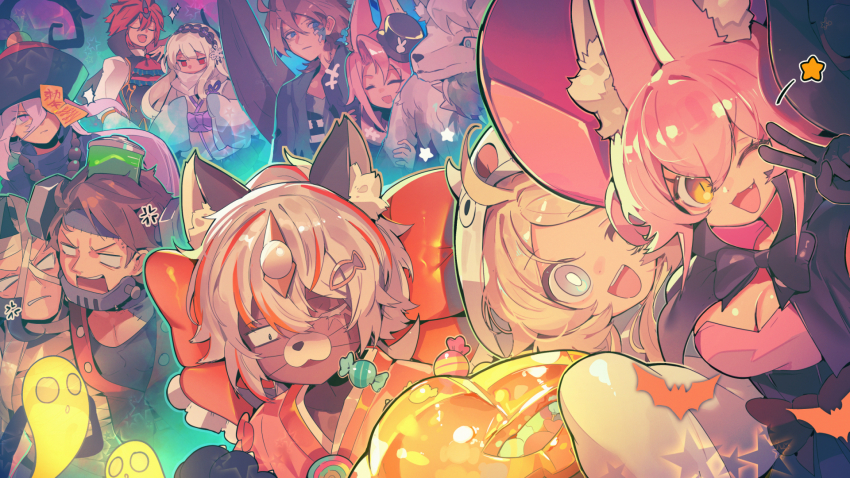 6+boys, 6+girls, albaz_(yu-gi-oh!), alternate_costume, aluber_(yu-gi-oh!), blazing_cartesia_the_virtuous, blonde_hair, breasts, brown_hair, cleavage, cosplay, duel_monster, ecclesia_(yu-gi-oh!), fleurdelis_(yu-gi-oh!), halloween_costume, highres, jiangshi, kitt_(yu-gi-oh!), long_hair, multicolored_hair, multiple_boys, multiple_girls, open_mouth, pink_hair, purple_eyes, purple_hair, red_hair, ro_g_(oowack), streaked_hair, the_golden_swordsoul, tri-brigade_ferrijit_the_barren_blossom, tri-brigade_rugal_the_silver_sheller, tri-brigade_shuraig_the_ominous_omen, white_eyes, white_hair, wings, yellow_eyes, yu-gi-oh!